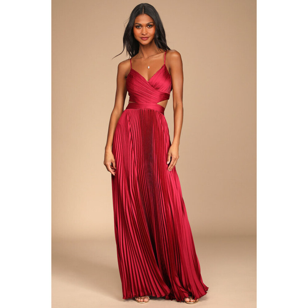 Lulus Got The Glam Wine Red Pleated Cutout Maxi Dress - Size S